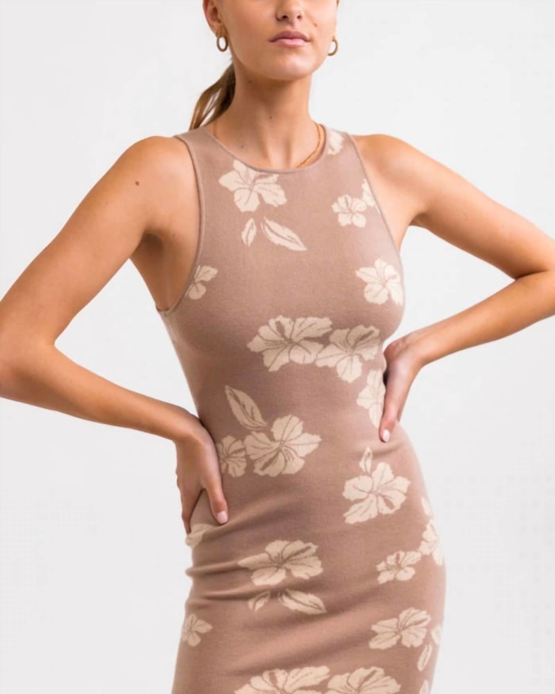 Front of a model wearing a size Large Hibiscus Knit Mini Dress in Taupe in Taupe by Rhythm.. | dia_product_style_image_id:345587
